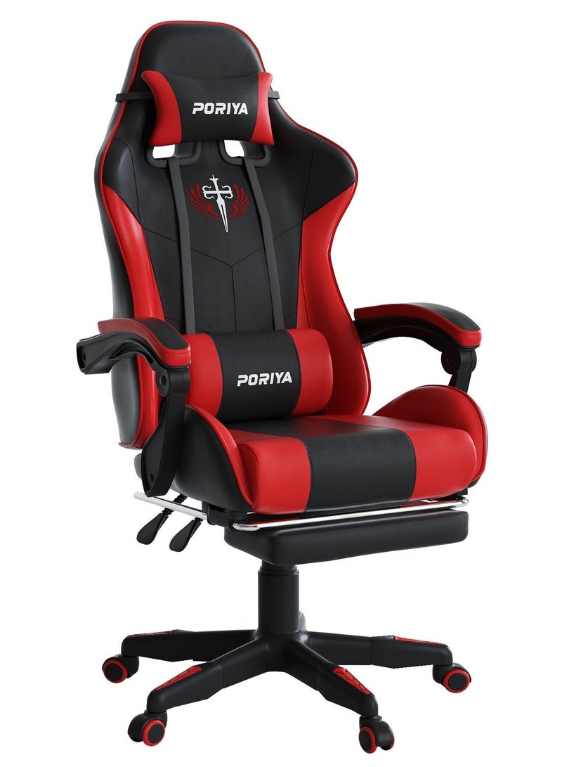PORIYA Ergonomic Gaming Chair with Footrest, Adjustable Executive Office Chair, 90–145° Recline, Height Adjustable Racing Chair, PVC Leather, 150kg Capacity (Black&Red) - Image 1